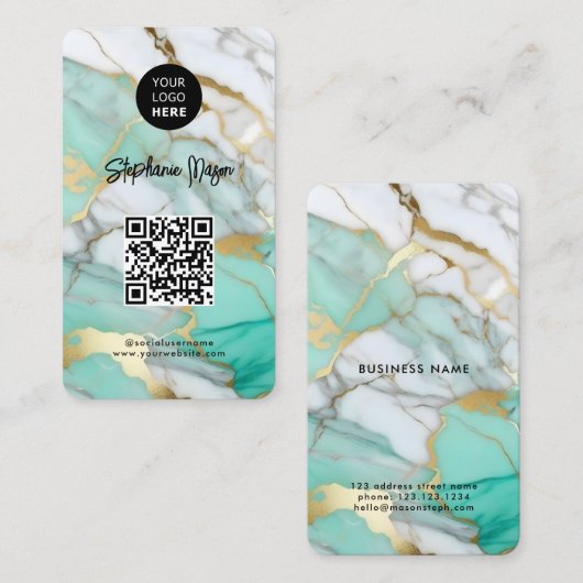 Elegante groene gouden marmeren logo & QR-code mod Visitekaartje (Voorkant / Achterkant)