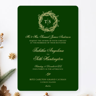 Elegante groene gouden monogram bruiloft folie uitnodiging