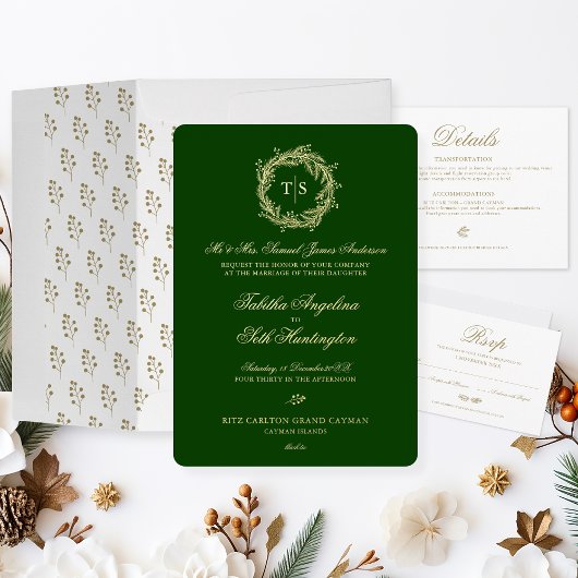 Elegante groene gouden monogram bruiloft folie uitnodiging