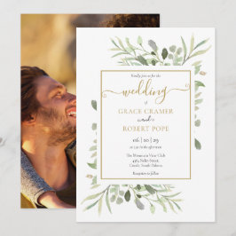 Elegante groene gouden script foto bruiloft kaart