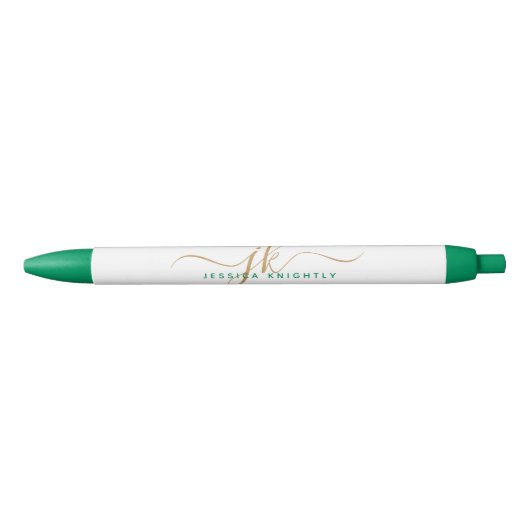 Elegante Groene Gouden Script Monogram Beginletter Zwarte Inkt Pen (Voorkant)