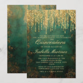 Elegante groene gouden string lichten quinceañera kaart (Voorkant / Achterkant)