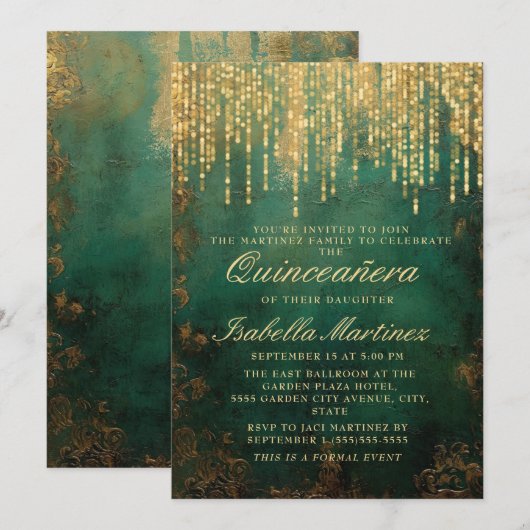 Elegante groene gouden string lichten quinceañera kaart (Voorkant / Achterkant)