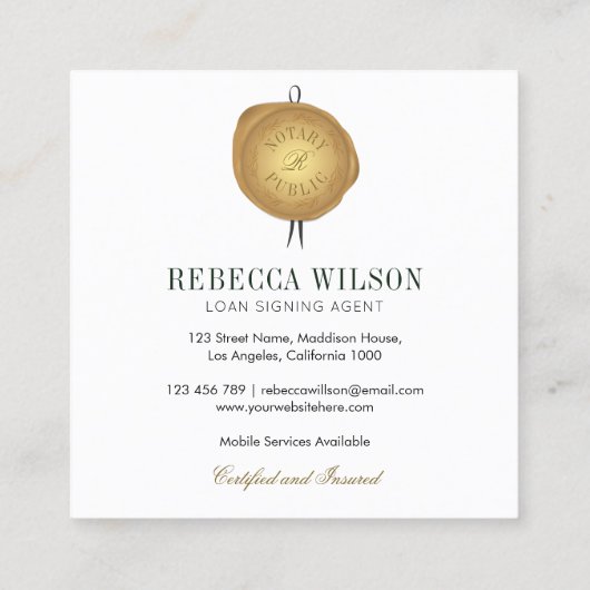 Elegante Groene & Gouden Wax Stempel Moderne Chiqu Vierkante Visitekaartje (Achterkant)