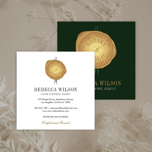 Elegante Groene & Gouden Wax Stempel Moderne Chiqu Vierkante Visitekaartje