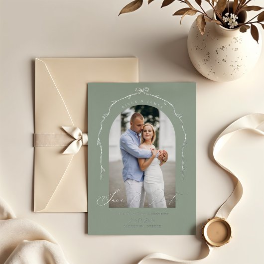 Elegante groene hand getekend boog lint Sla de dat Folie Uitnodiging