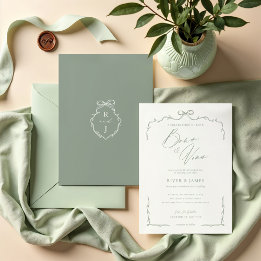 Elegante Groene Hand Getrokken Boog & Lint Huwelij Kaart