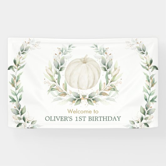 Elegante groene herfstpompoen 1e verjaardag welkom spandoek (Horizontaal)