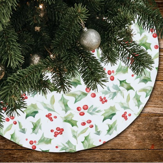 Elegante groene Holly laat rode bessen achter Kerstboom Rok