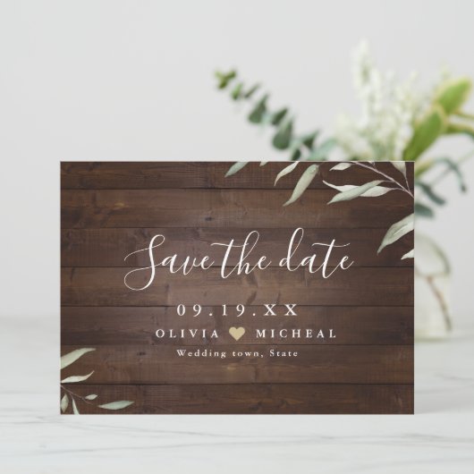 Elegante groene houten county rustieke bewaar de d save the date (Staand voorkant)
