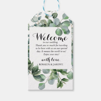 Elegante groene huwelijks welkomstcadeau tags cadeaulabel