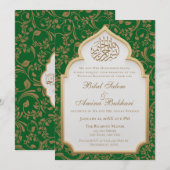 Elegante groene islamitische boog bruiloft kaart (Voorkant / Achterkant)