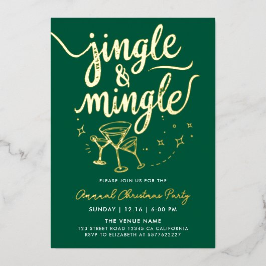 Elegante groene Jingle Mingle Cocktail Glass Doodl Folie Uitnodiging (Voorkant)