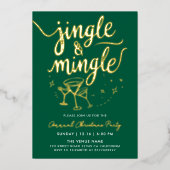 Elegante groene jingle mingle cocktailglasdoodles folie uitnodiging (Voorkant)