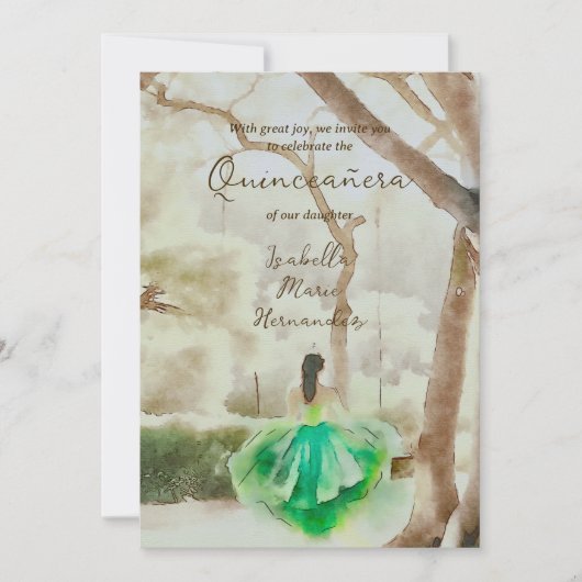 Elegante groene jurk Waterverf Garden Quinceañera Kaart (Voorkant)
