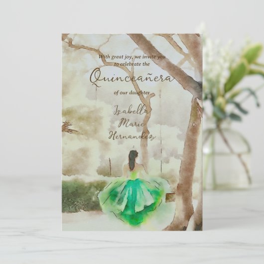Elegante groene jurk Waterverf Garden Quinceañera Kaart (Staand voorkant)