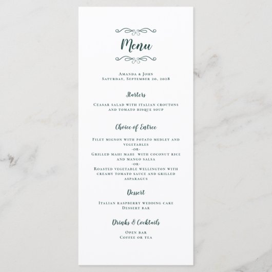 Elegante groene kalligrafie bruiloftdiner  menu (Voorkant)