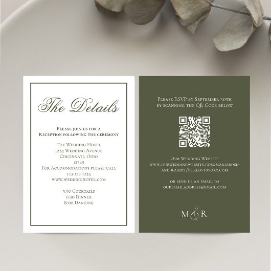 Elegante groene kalligrafie Details RSVP Informatiekaartje