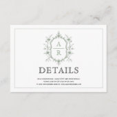 Elegante groene kam monogram bruiloft details informatiekaartje (Voorkant)