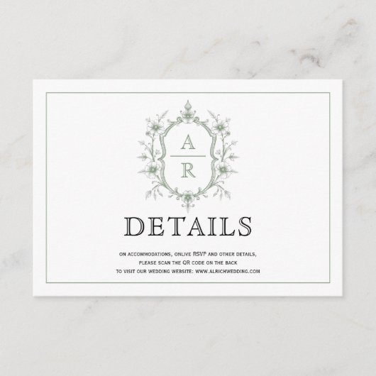 Elegante groene kam monogram bruiloft details informatiekaartje (Voorkant)