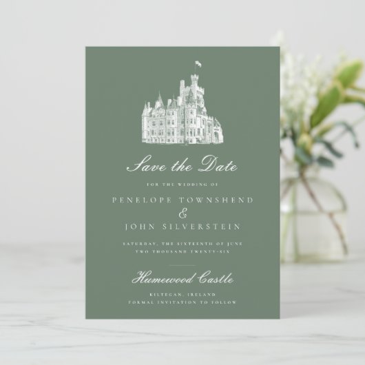 Elegante groene  kasteelillustratie bruiloft save the date