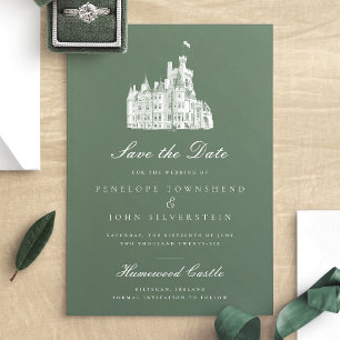 Elegante groene kasteelillustratie bruiloft save the date