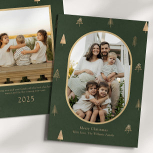 Elegante groene kerst fotokaart met gouden bomen feestdagenkaart