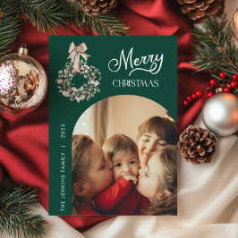 Elegante Groene Kerstboog Fotokaart Feestdagenkaart