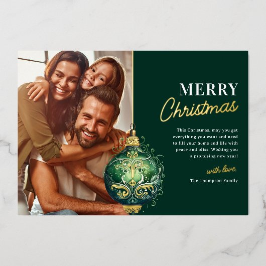 Elegante groene kerstboomornament foto Kerstmis Folie Feestdagenkaart (Voorkant)