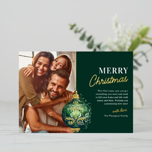 Elegante groene kerstboomornament foto Kerstmis Folie Feestdagenkaart (Staand Voorkant)