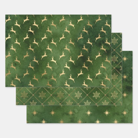 Elegante groene kerstpatronen en gouden kerstpatro inpakpapier vel (Set)