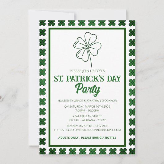 Elegante Groene Klaver St. Patrick's Dag Feest Kaart (Voorkant)
