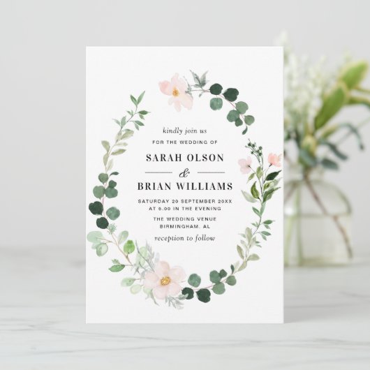 Elegante groene krans blos bloemenbruiloft kaart (Staand voorkant)