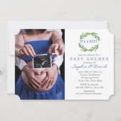 Elegante groene krans foto jongen baby shower kaart (Voorkant)
