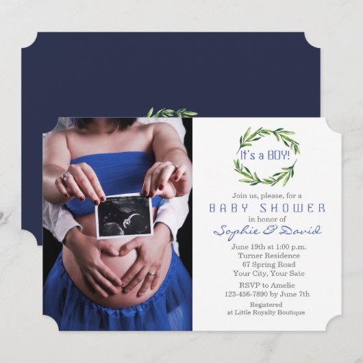 Elegante groene krans foto jongen baby shower kaart (Voorkant / Achterkant)