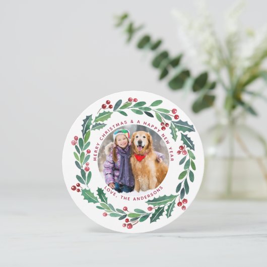 Elegante groene krans Kerst foto rond Feestdagenkaart (Staand voorkant)