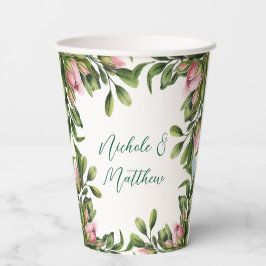 Elegante groene krans met roze rozenknop bruiloft papieren bekers