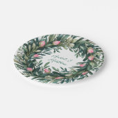 Elegante groene krans met roze rozenknop bruiloft papieren bordje (Gekanteld)