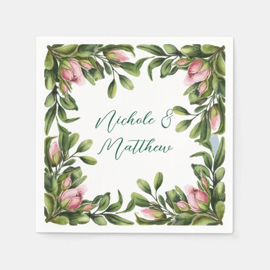 Elegante groene krans met roze rozenknop bruiloft servet (Voorkant)