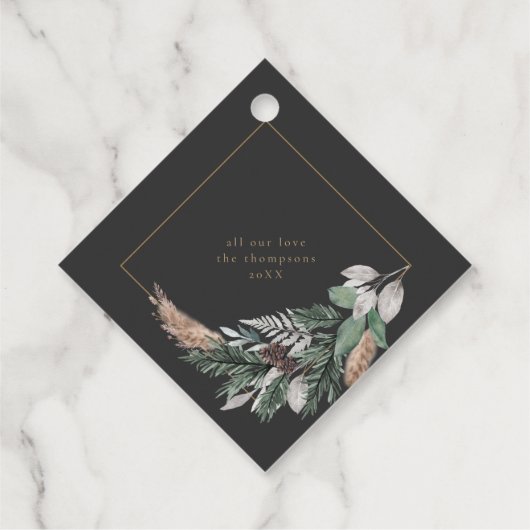 Elegante groene krans op zwarte vrolijke kerst bedankjes labels (Achterkant)