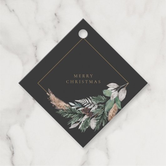 Elegante groene krans op zwarte vrolijke kerst bedankjes labels (Voorkant)