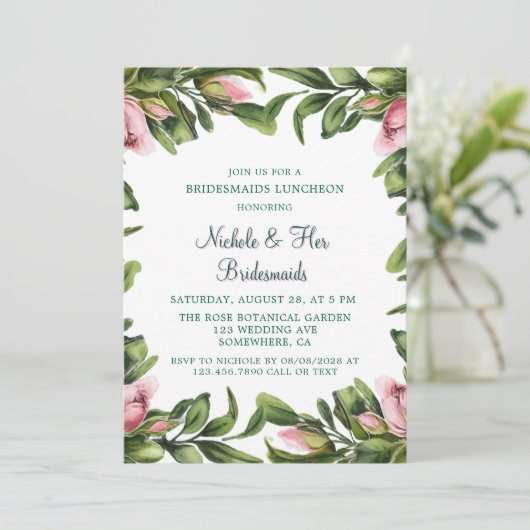 Elegante groene krans roze knop bruidsmeisjes lunc kaart (Staand voorkant)