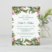 Elegante groene krans roze knop bruiloft viering kaart (Staand voorkant)