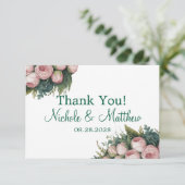 Elegante groene krans roze knoppen bruiloft bedankkaart (Staand voorkant)