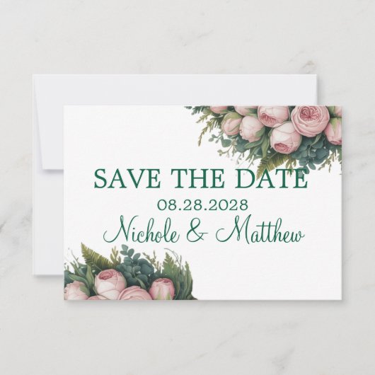 Elegante groene krans roze knoppen bruiloft save the date (Voorkant)