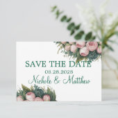Elegante groene krans roze knoppen bruiloft save the date (Staand voorkant)