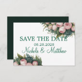 Elegante groene krans roze knoppen bruiloft save the date (Voorkant / Achterkant)