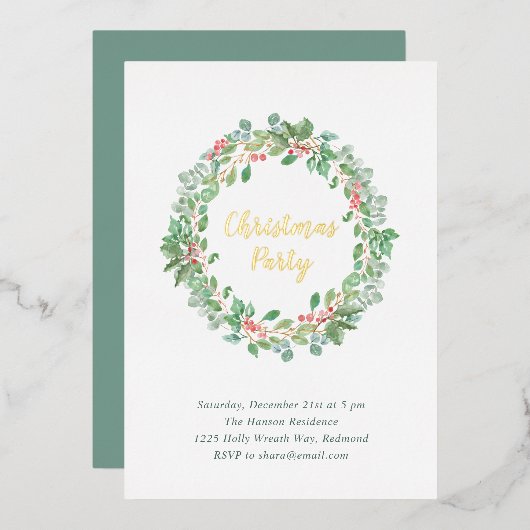 Elegante Groene Krans Rustieke Kerstfeestviering Folie Uitnodiging (Voorkant / Achterkant)