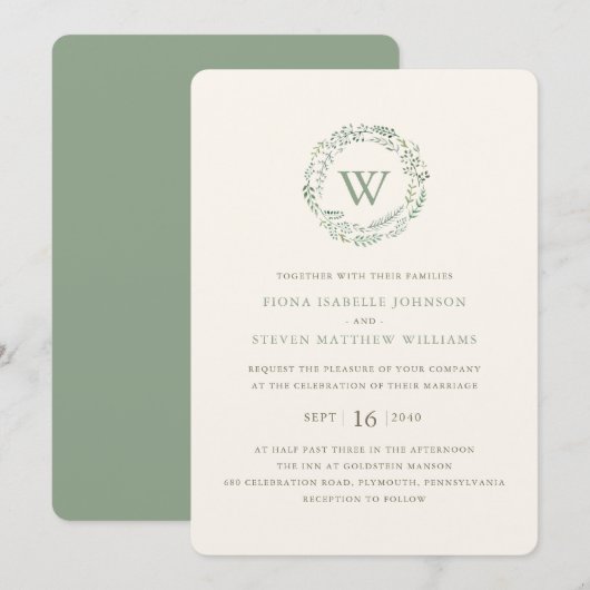 Elegante groene krans watercolor bruiloft kaart (Voorkant / Achterkant)