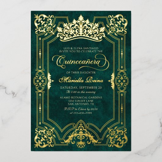 Elegante groene kroon Tiara Quinceanera Folie Uitnodiging (Voorkant)